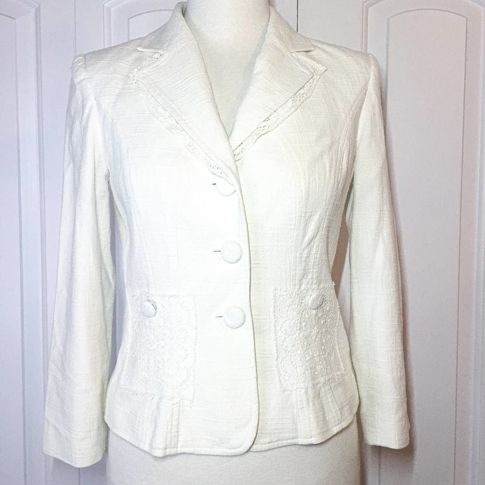 David Meister Cream Tweed Crochet Trim Blazer Size 4